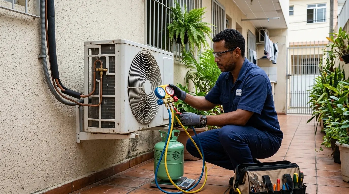Técnico fazendo carga de gás na condensadora do ar-condicionado em São Luís‑MA
