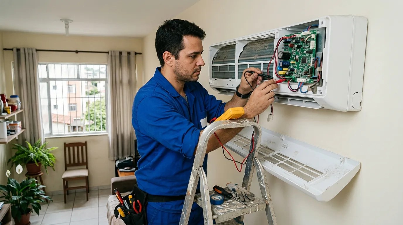 Técnico trocando a placa eletrônica de ar-condicionado split em São Luís‑MA