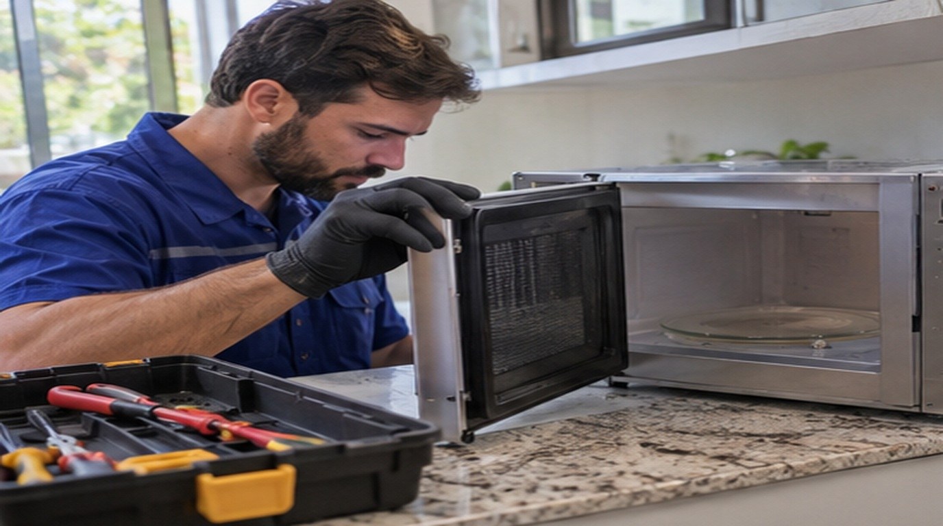 Conserto de micro-ondas em São Luís‑MA: técnico abrindo um micro-ondas de bancada