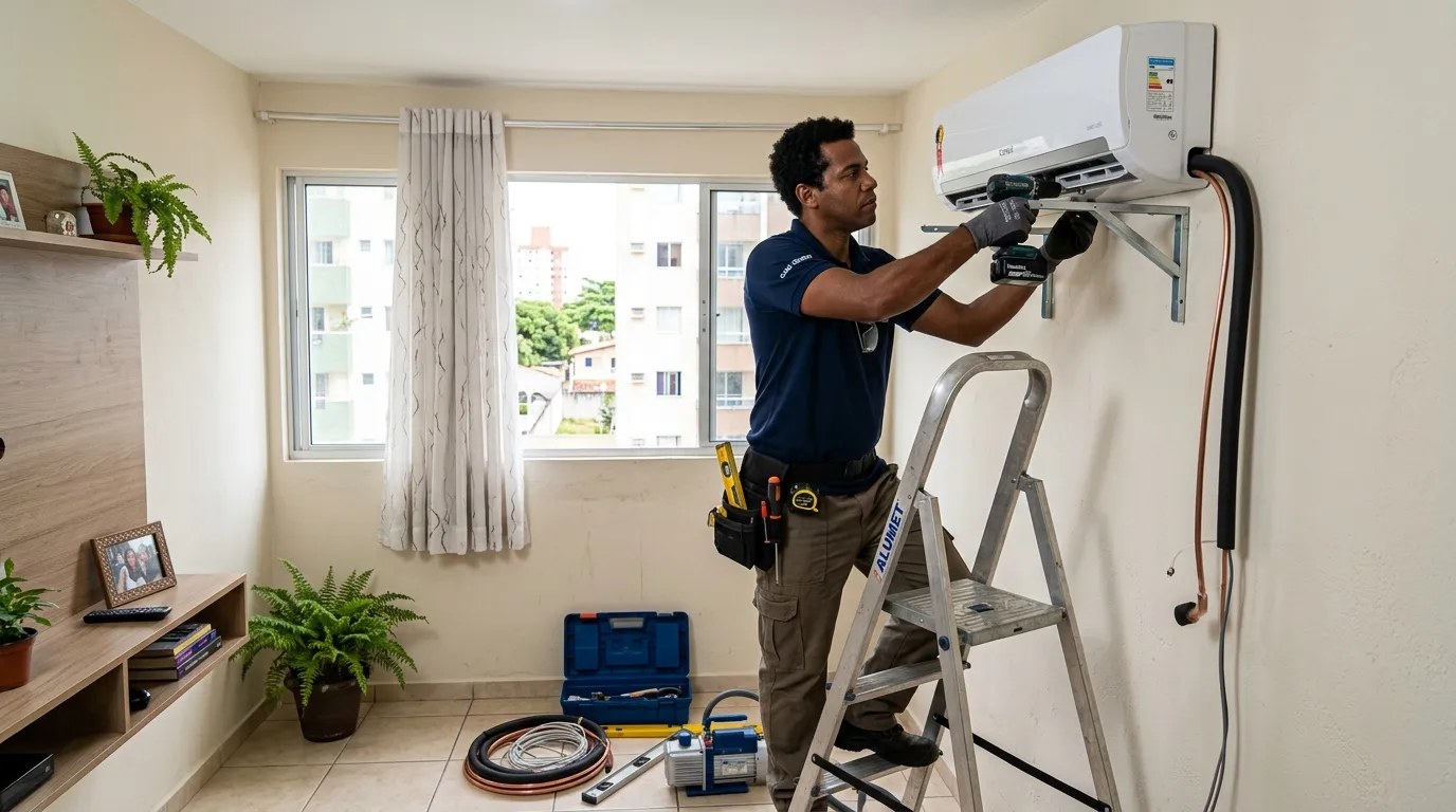 Técnico instalando ar-condicionado split em residência em São Luís‑MA