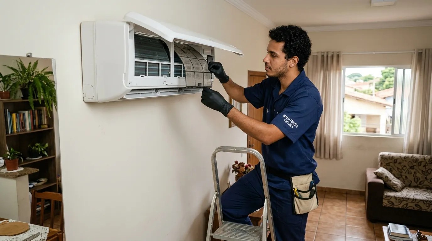 Técnico fazendo limpeza e higienização de ar-condicionado split em São Luís‑MA
